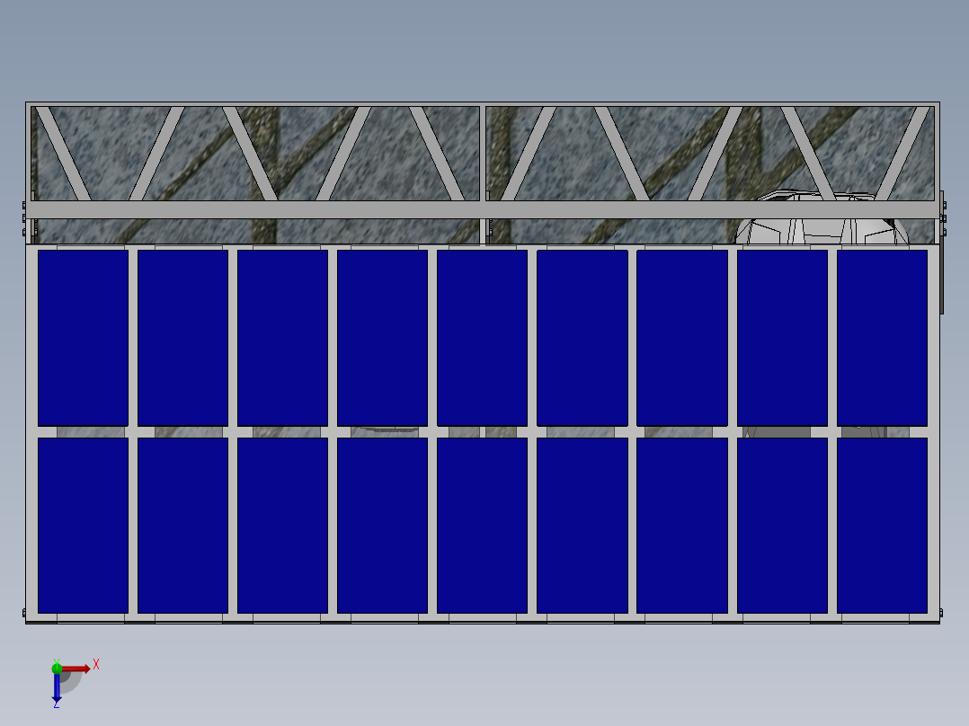 带太阳能电池板的停车棚3D模型图纸 Solidworks设计俯视图