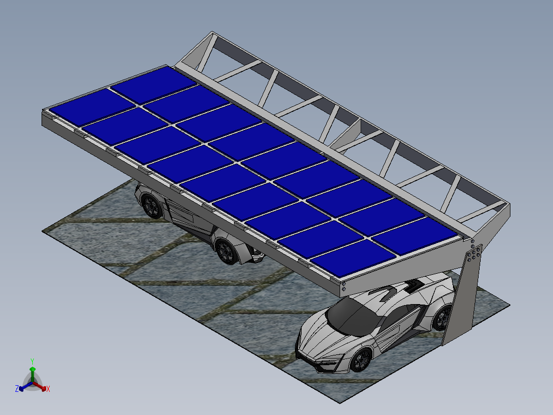 带太阳能电池板的停车棚3D模型图纸 Solidworks设计正等轴测图