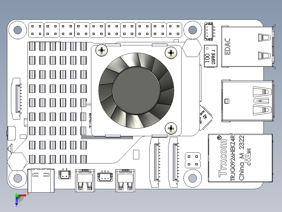 Raspberry Pi5 带主动散热风扇的套装俯视图