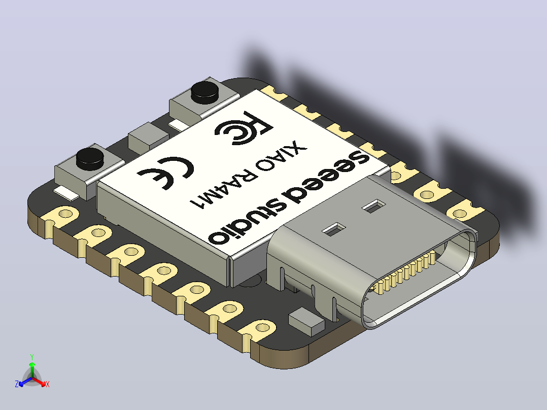 XIAO RA4M1将瑞萨的RA4M1芯片(32位ARM Cortex -M4 MCU，最高48 MHz，带FPU)集成到经典的XIAO外形中。该开发板提供256KB闪存、32KB SRAM、8KB EEPROM、一个USB 2.0连接器、复位和启动按钮、3个led、一个14位模数转换器、一个12位数模转换器和一个CAN总线接口(1)主视图