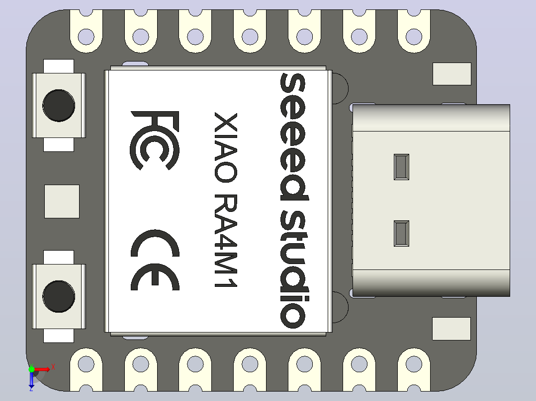 XIAO RA4M1将瑞萨的RA4M1芯片(32位ARM Cortex -M4 MCU，最高48 MHz，带FPU)集成到经典的XIAO外形中。该开发板提供256KB闪存、32KB SRAM、8KB EEPROM、一个USB 2.0连接器、复位和启动按钮、3个led、一个14位模数转换器、一个12位数模转换器和一个CAN总线接口(1)俯视图