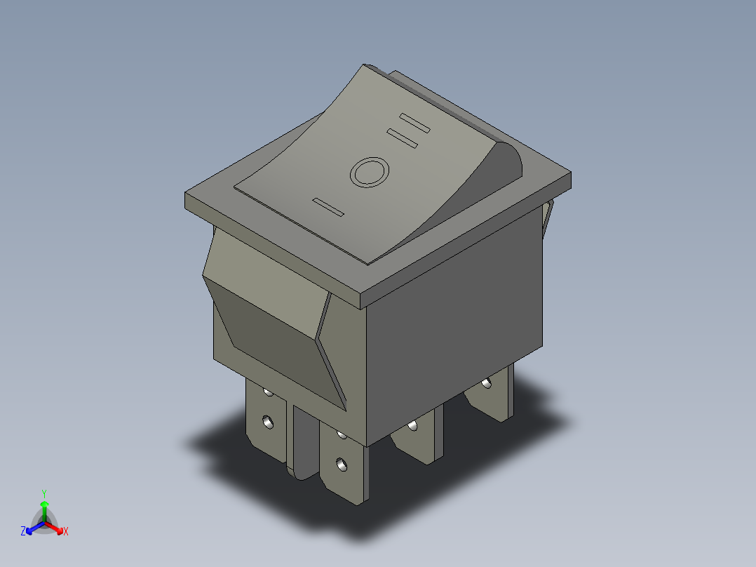 进退开关25x31-6脚3档红色正等轴测图