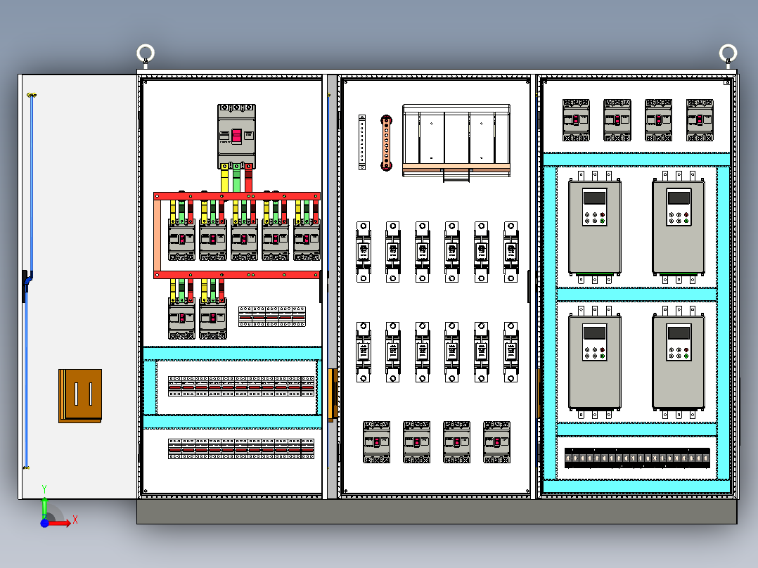 三柜组装630A正装刀开关软启动控制柜前视图