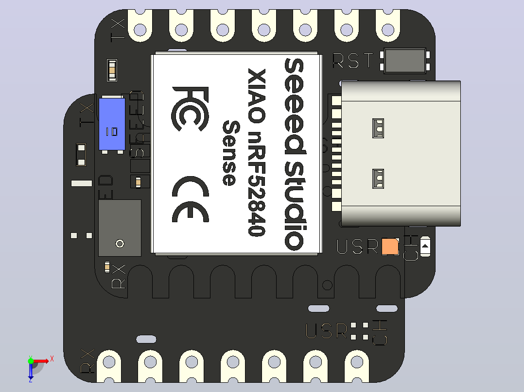 Seeed Studio XIAO nRF52840由Nordic Semiconductor的nRF52840芯片组提供支持，首次携带无线功能，支持蓝牙5.0，也能够以低功耗运行俯视图