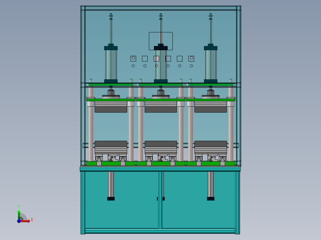 三工位热压机（sw16可编辑+cad+工程图）前视图