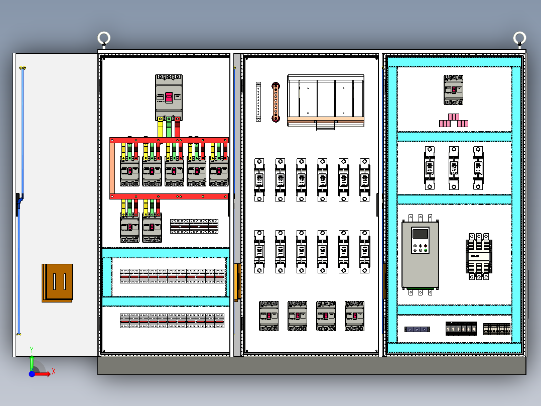 三柜组装630A刀开关软启动旁路控制柜 55443前视图