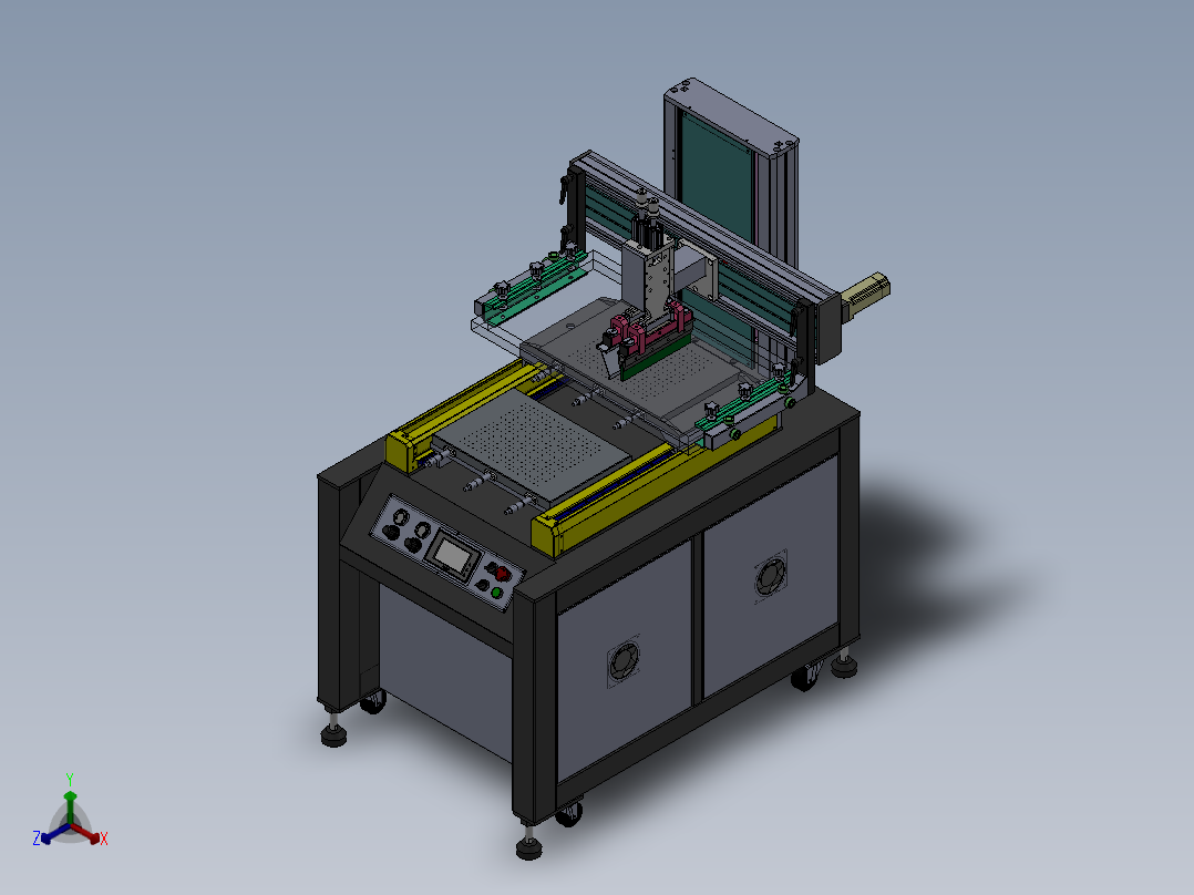 双平台丝网印刷机总装图正等轴测图