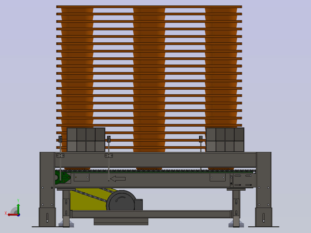 带叉车防撞架的链条输送机后视图