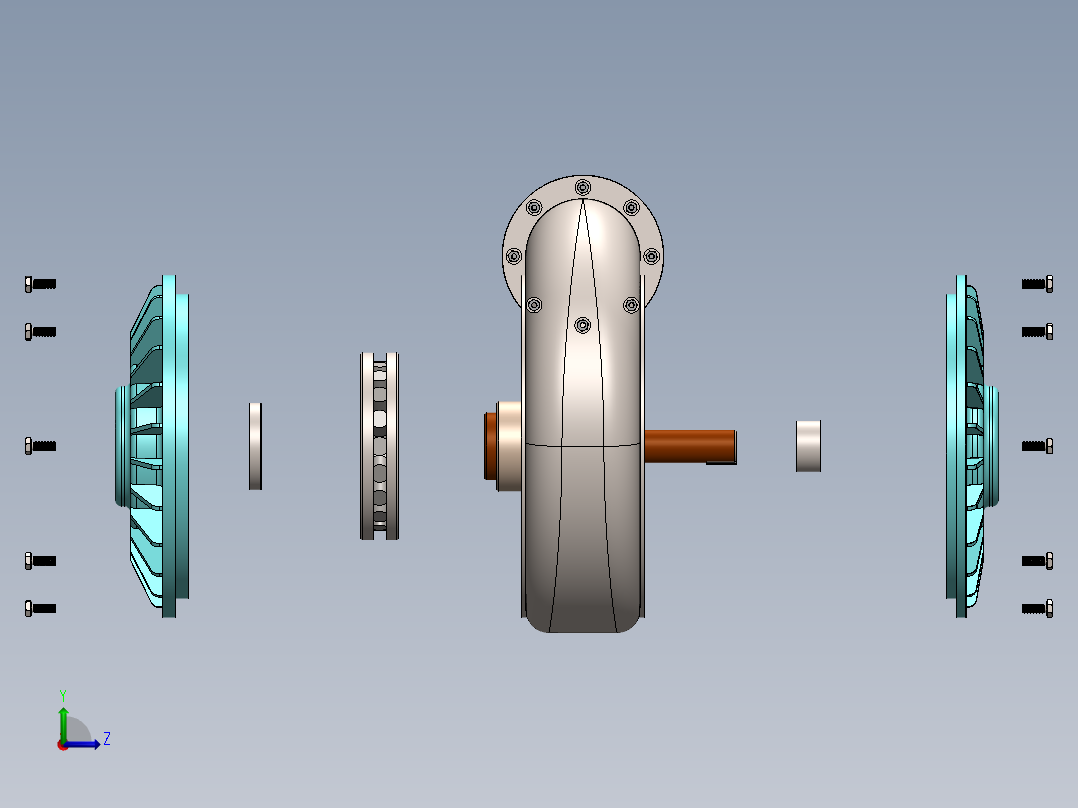 Tesla 涡轮机项目在 SolidWorks 中设计。左视图