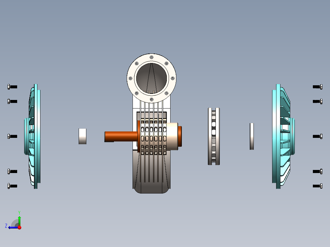 Tesla 涡轮机项目在 SolidWorks 中设计。右视图