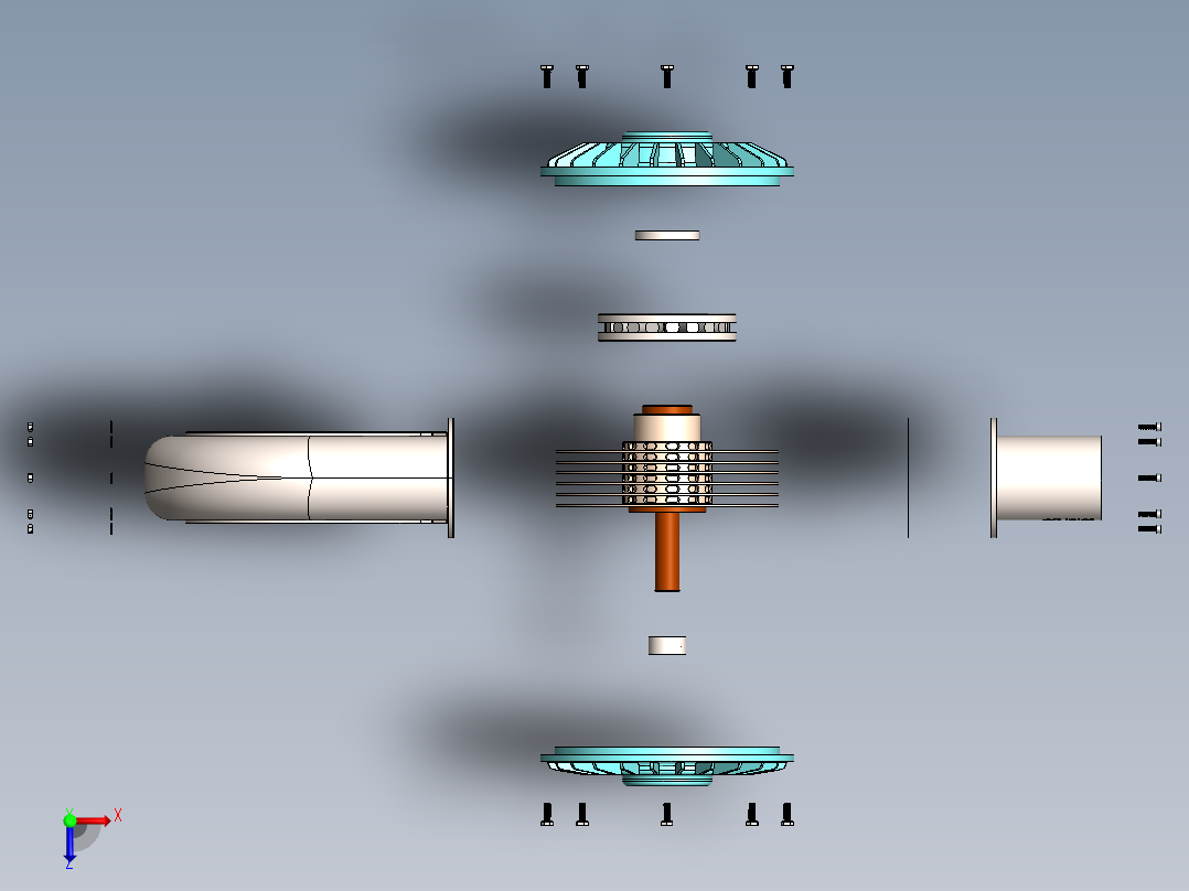 Tesla 涡轮机项目在 SolidWorks 中设计。俯视图