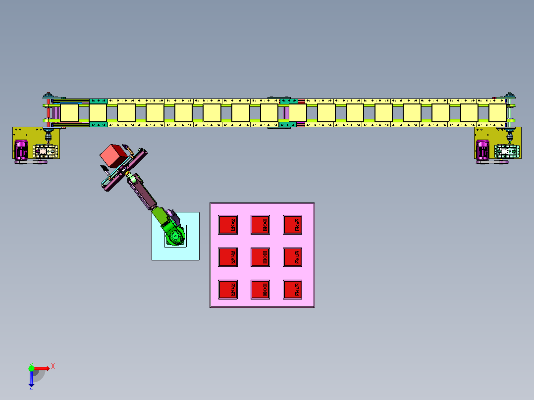 物流仓库中货箱分层输送系统俯视图