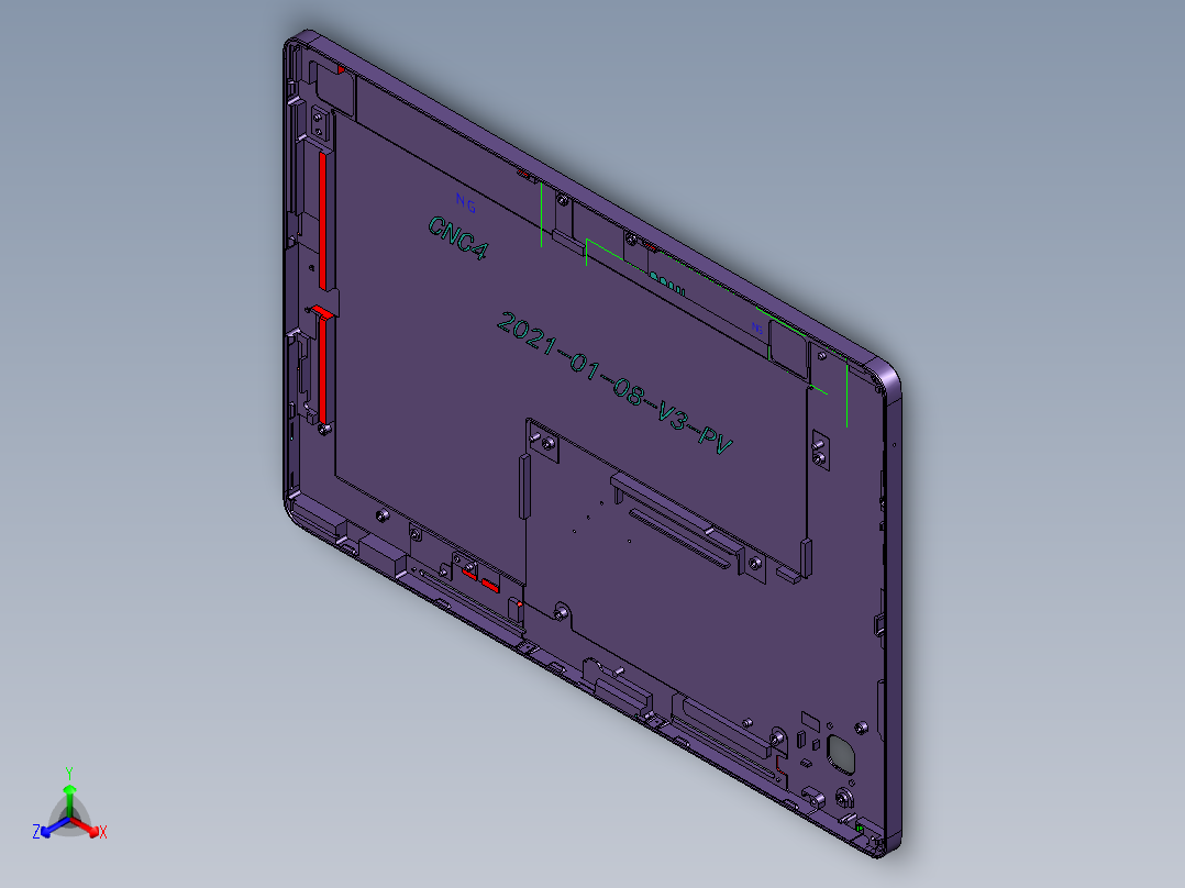 一款平板电脑外壳精铣内腔程序模型正等轴测图