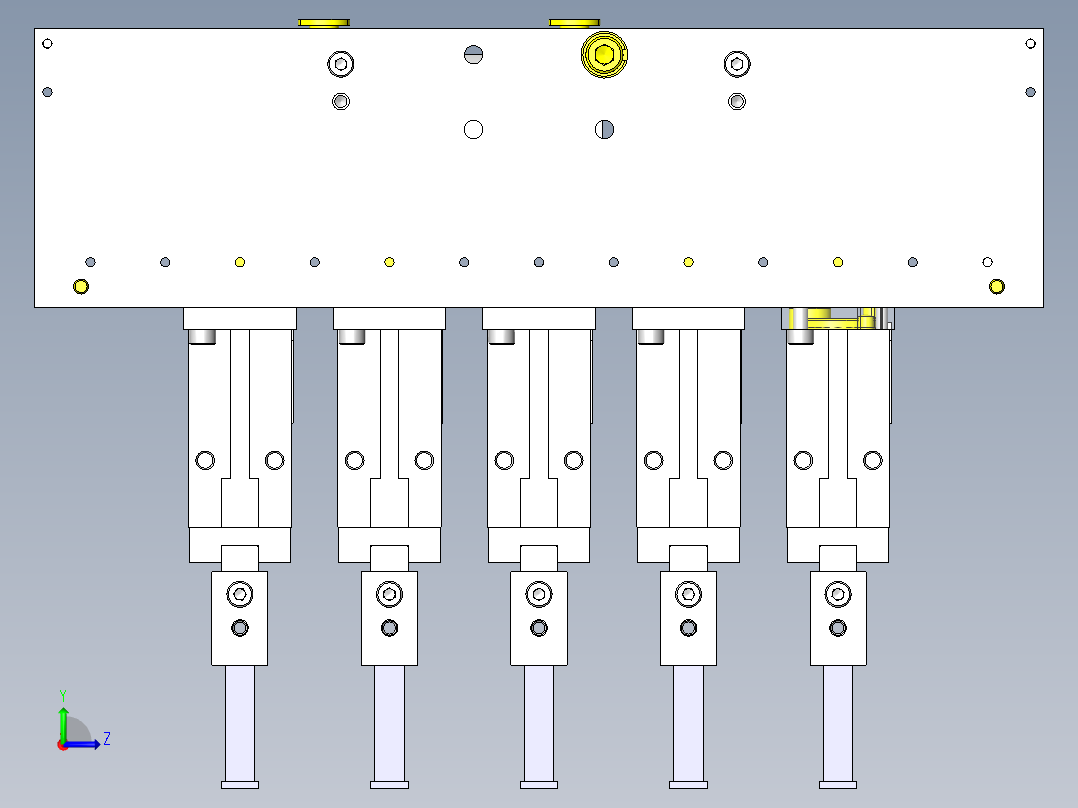 变更工件间距的5连夹头机构左视图