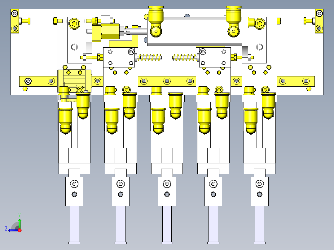 变更工件间距的5连夹头机构右视图