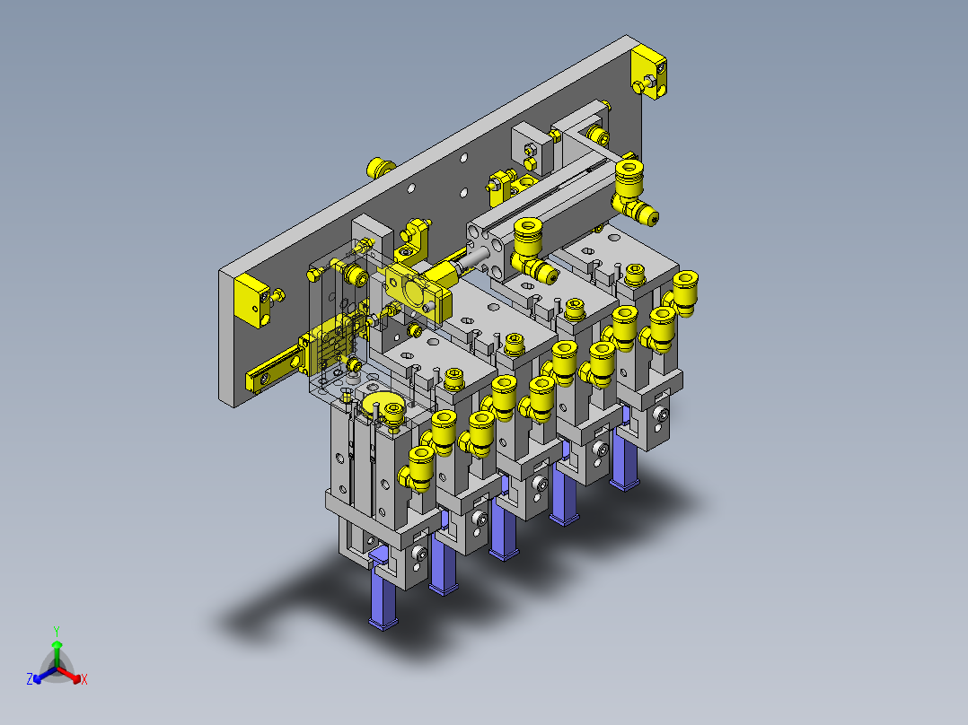 变更工件间距的5连夹头机构正等轴测图