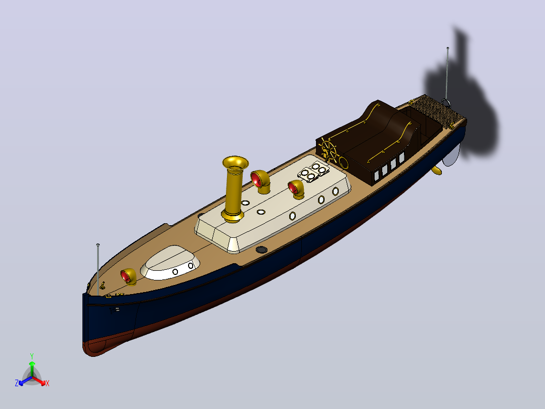 这是1910年皇家海军在HMAS号等主力舰上使用的标准50英尺帆船的SolidWorks模型主视图