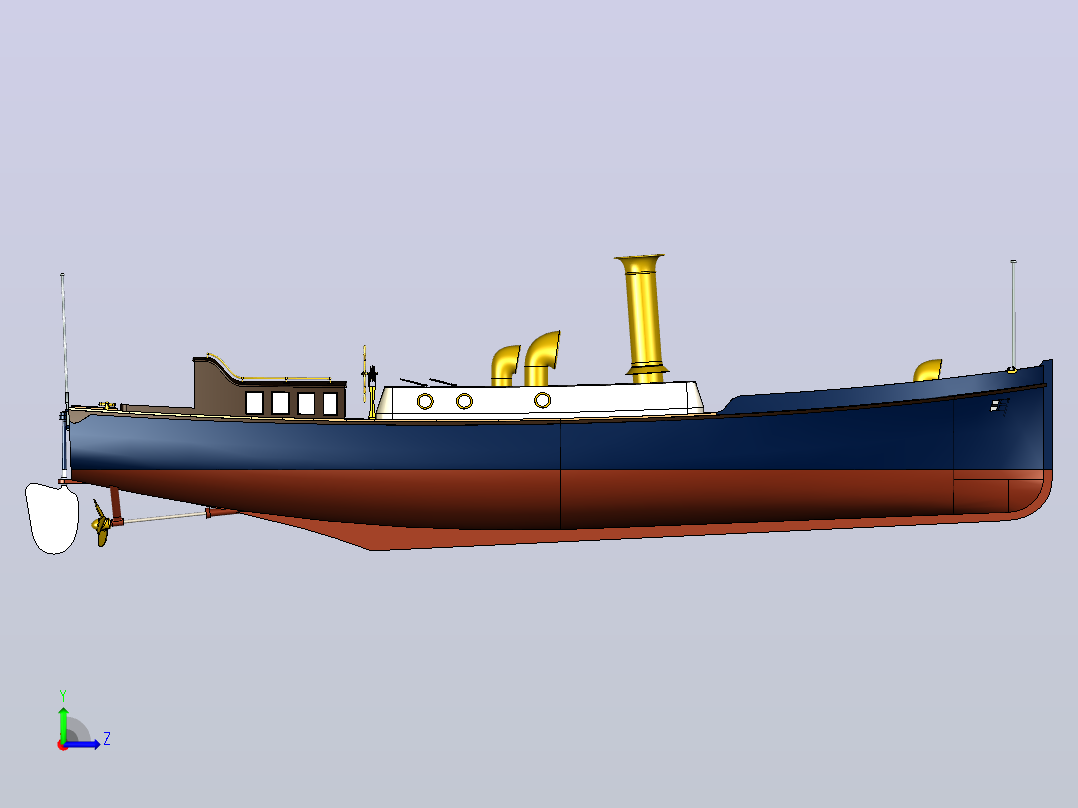 这是1910年皇家海军在HMAS号等主力舰上使用的标准50英尺帆船的SolidWorks模型左视图