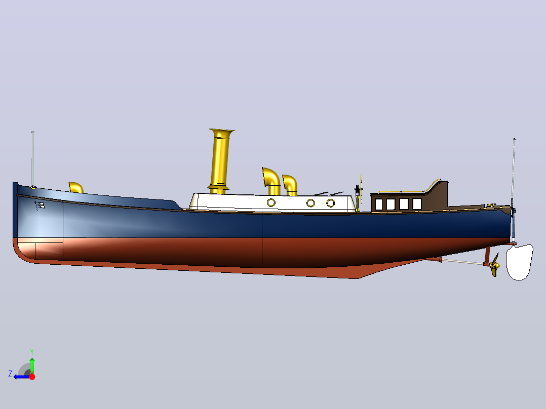 这是1910年皇家海军在HMAS号等主力舰上使用的标准50英尺帆船的SolidWorks模型右视图