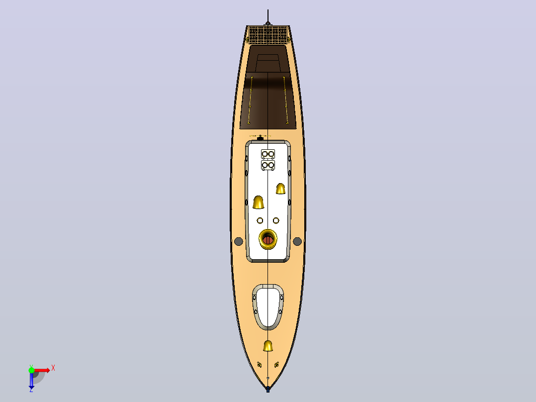 这是1910年皇家海军在HMAS号等主力舰上使用的标准50英尺帆船的SolidWorks模型俯视图