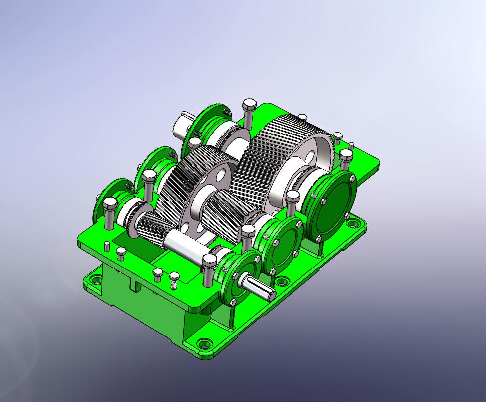 二级双级圆柱斜齿轮减速器solidworks三维模型图全套3D图参考实例