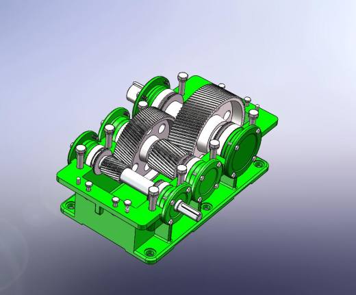 二级双级圆柱斜齿轮减速器solidworks三维模型图全套3D图参考实例缩略图
