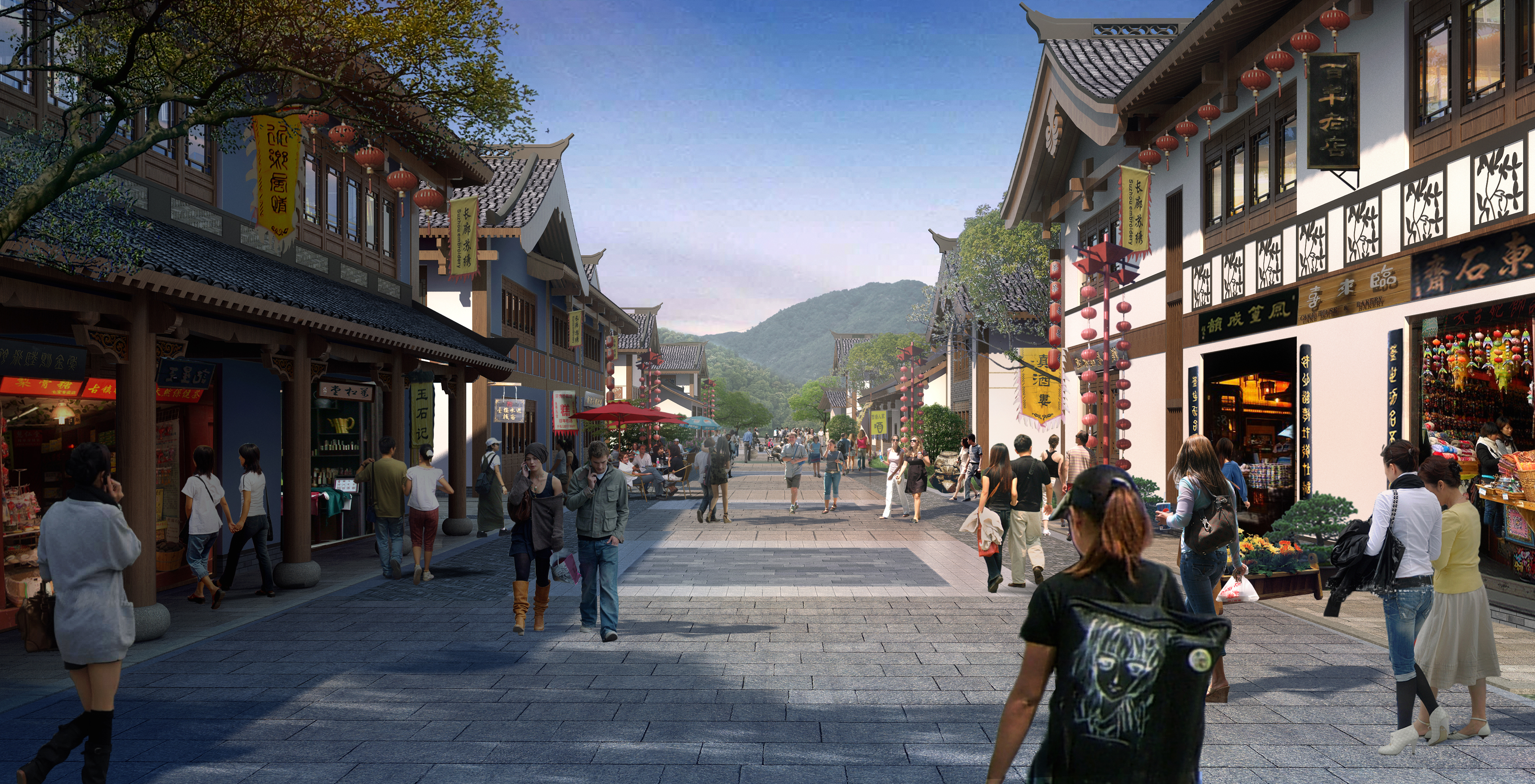 S007中式仿古商业步行街规划建筑设计cad施工图+效果图