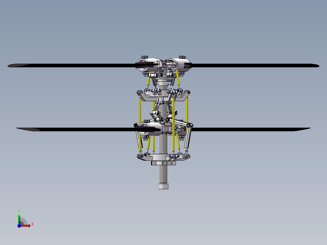 直升机倾斜双旋翼机翼3d图纸共轴双旋翼直升机倾斜盘SW三维3D模型前视图