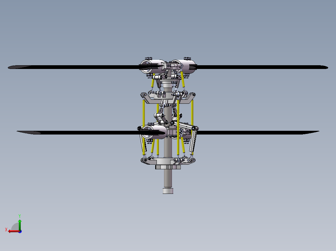 直升机倾斜双旋翼机翼3d图纸共轴双旋翼直升机倾斜盘SW三维3D模型后视图