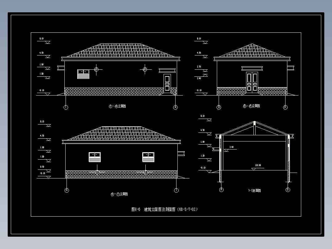 图8-6  建筑立面图及剖面图（KB-3-T-02）