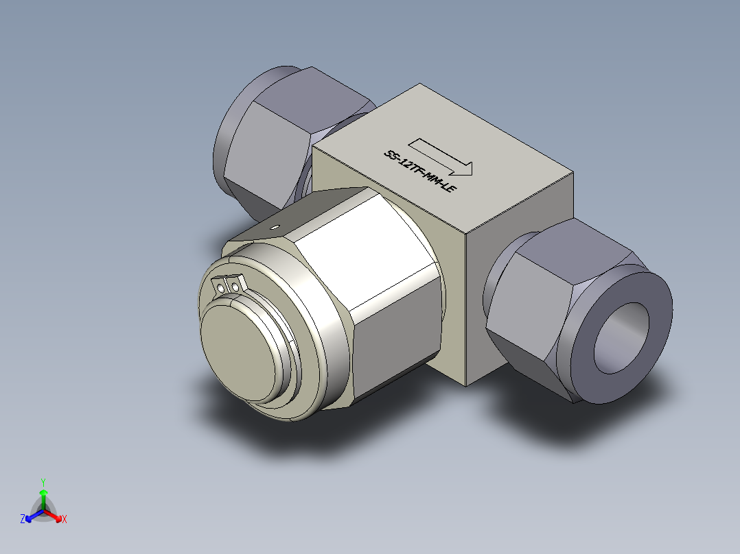 不锈钢三通型颗粒过滤器，12 mm世伟洛克卡套式管接头，无滤芯正等轴测图