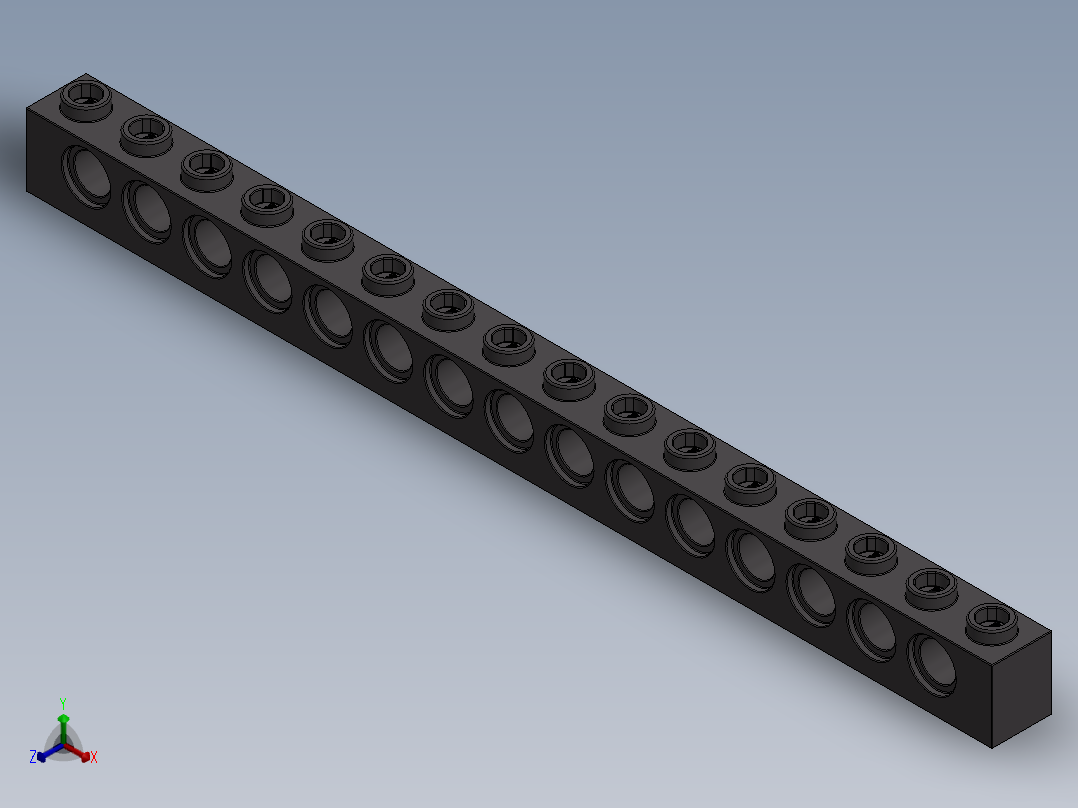 乐高机械组积木（横梁）-4256828 - 3703 Dark Stone Grey Technic Brick 1 x 16 with Holes正等轴测图